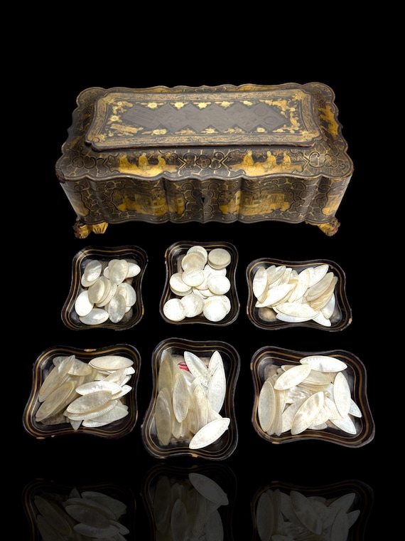 Lacquer Games Box with 187 pc Mother-of-Pearl Gaming Counter Set. 18th and 19th Century.