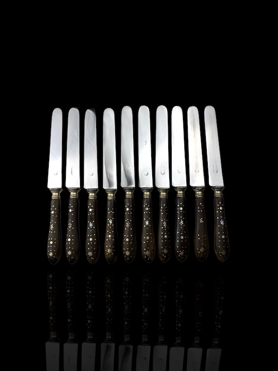Antique French Ebony Knife Set. Ebony and Silver Plate. France, cira 1880-1910