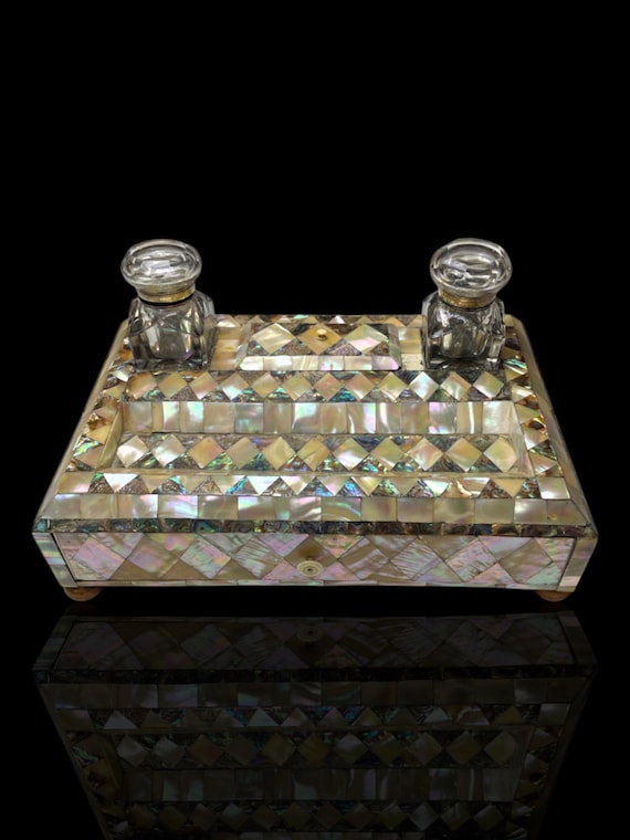 A large and impressive mother of pearl and abalone shell pen stand. Circa 1870. Made in England.