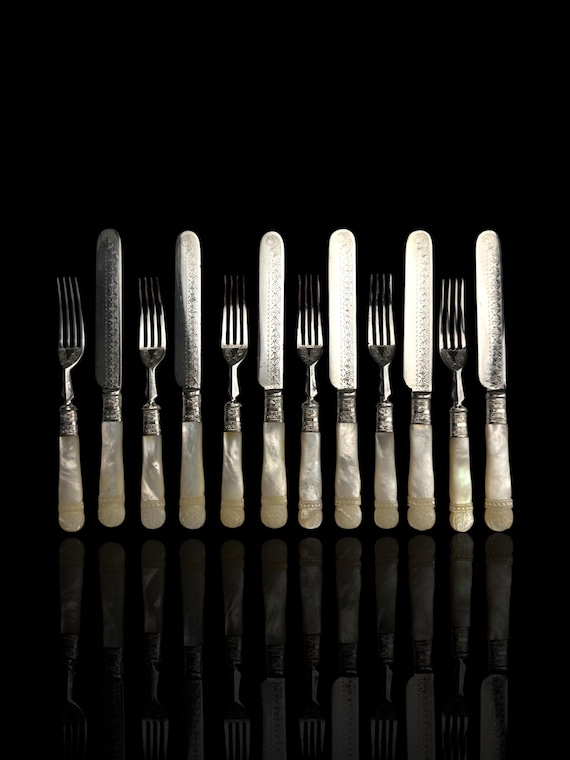 Antique Cutlery Set. Mother of Pearl and Silver Plate. Cased.