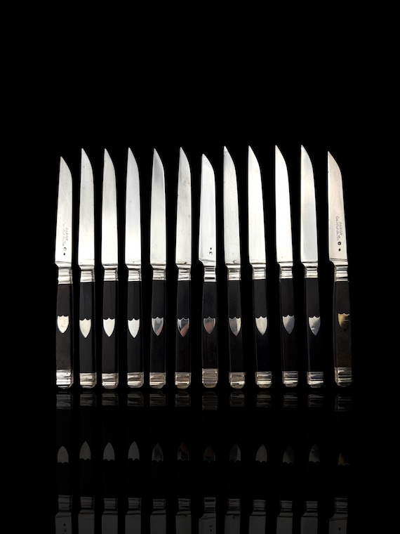 Antique French Ebony and Silver Knife Set. Circa 1830-50. Cased.