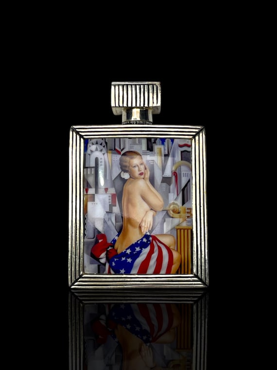 Art Deco Style Hip-Silver Flask with Enamel Nude and American Flag Motif. With Presentation Case
