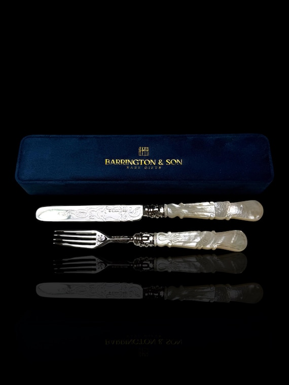Knife and Fork Set: 1871, Stirling Silver and Mother of Pearl, Aaron Hatfield, England.