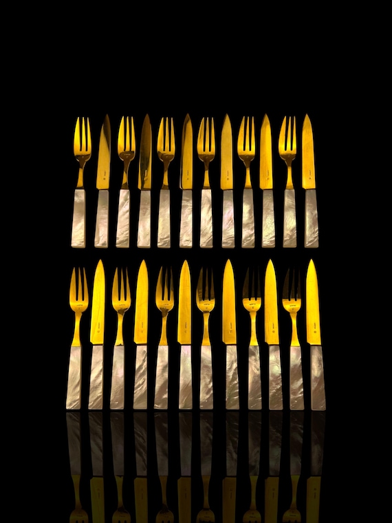 French Art Deco Cutlery Set. Gilt and Mother of Pearl. Cased.