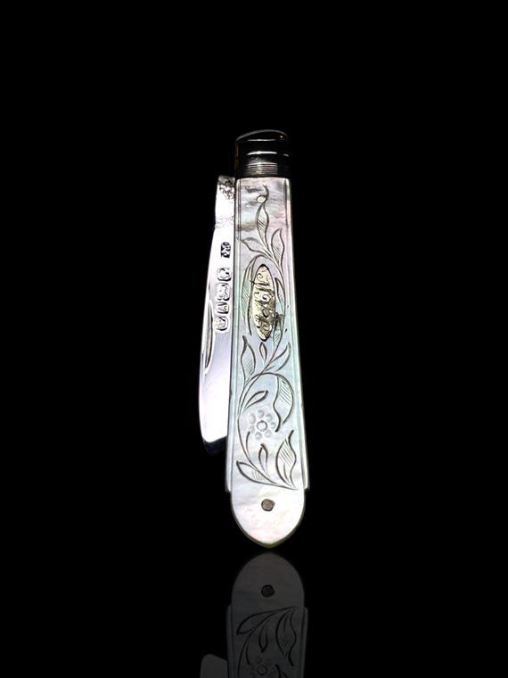 Antique 1887 Sterling Silver & Mother-of-Pearl Folding Knife – Hand-Engraved Victorian Charm