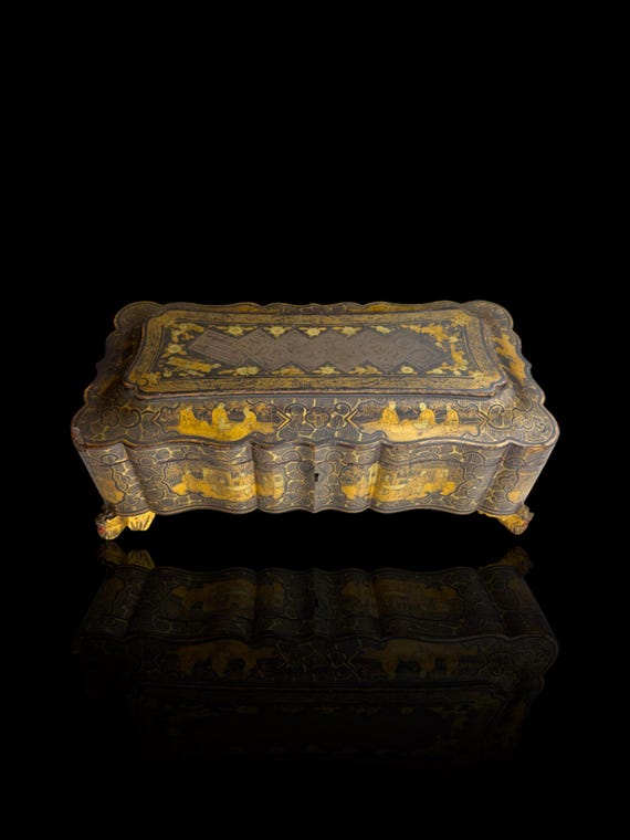 19th Century Lacquer Games Box. Hand-Painted.