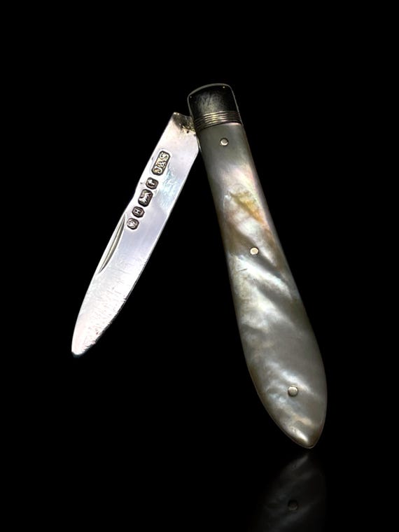 Antique Pocket Knife: 1875, James & Samuel, England. Mother of Pearl and Stirling Silver. Cased.