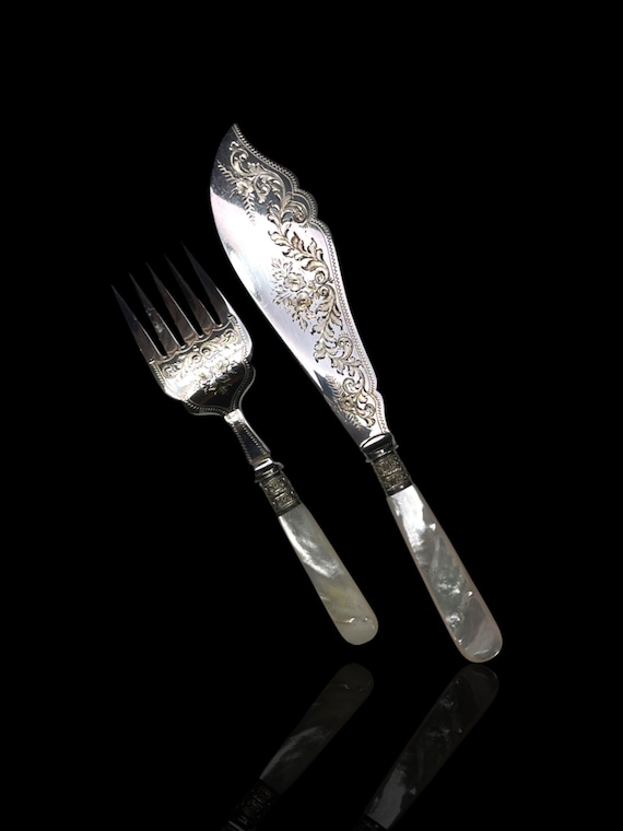Massive Victorian Mother of Pearl Fish Serving Set: Circa 1890, Silver Plate, Cased.