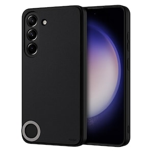 Può includere: Custodia nera per smartphone con finitura strutturata, con un array di fotocamere e un accento circolare. Lo schermo del telefono mostra una grafica colorata. La custodia è progettata per proteggere il telefono.