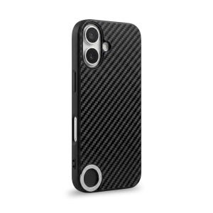May include: Black phone case featuring a carbon fibre weave design. The case has a black frame and a silver accent ring at the bottom. The camera lenses are visible at the top.