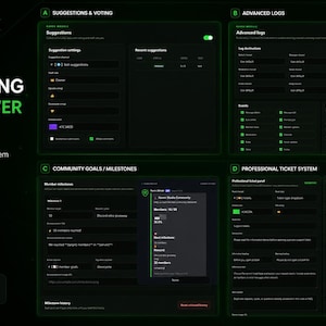 Puede incluir: Una interfaz de panel de control de software con tema oscuro llamada Ravex Ultimate, que presenta cuatro paneles distintos: Suggestions & Voting, Advanced Logs, Community Goals y Professional Ticket System, todo con texto y detalles en verde.