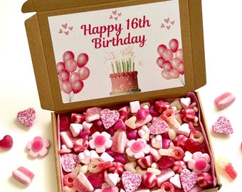 HAPPY 16th BIRTHDAY Personalised Pick & Mix Sweet Box - Sweet Sixteen Gift - Letter Box Sweet -  Girly Girl - Pink Girly Sweet Gift Box