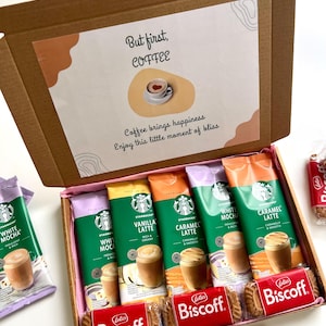 BUT FIRST COFFEE Personalised Gift Box – Starbucks & Costa Coffee Biscoff Treat Set – Coffee Lover Gift Set –Self Care Package - Gluten Free