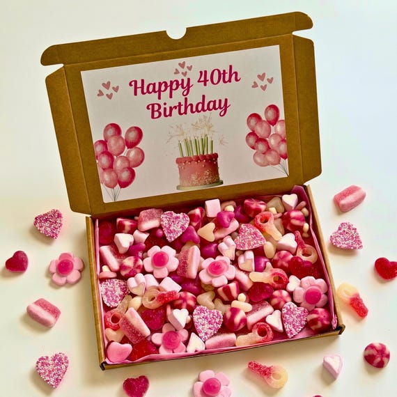 HAPPY 40th BIRTHDAY Personalised Pick & Mix Sweet Box - 40th Birthday Treat Box - Pink Sweet Theme Gift Box for Her - Letter Box Sweet