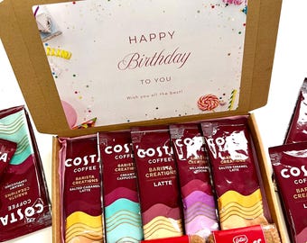 HAPPY BIRTHDAY Personalised Costa & Starbucks Coffee Treat Box -  Coffee Gift Box - Treat Box - Coffee and Biscoff- Letter Box