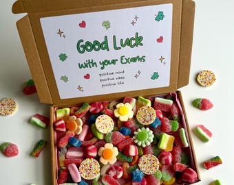 GOOD LUCK Personalised Exam Sweet Gift Box - Exam Survival Treats - GCSE Motivation Gift - Sats Pick & Mix Box, Well Done, Letterbox Sweets