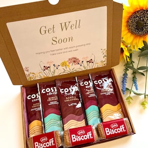 GET WELL SOON Personalised Costa & Starbucks Coffee Treat Box -Illness Recovery Gift- Hospital Visit Gift - Feel Better Soon Present