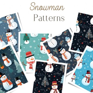 Op de afbeelding: Een set van negen naadloze patronen met verschillende sneeuwpopontwerpen. De patronen omvatten sneeuwpoppen met hoeden en sjaals, sneeuwpoppen met verschillende gezichtsuitdrukkingen en sneeuwpoppen met verschillende accessoires. De patronen zijn perfect voor winterse knutselprojecten, scrapbooking en andere creatieve projecten.
