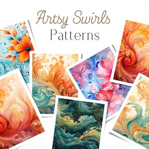 Op de afbeelding: Een verzameling van zes digitale kunstprints met draaiende patronen in verschillende kleuren, waaronder blauw, groen, oranje, rood en geel. De prints zijn getiteld "Arts Swirls Patterns".