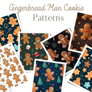 Op de afbeelding: Zes verschillende gingerbread man koekjespatronen. De patronen bevatten gingerbread men, snoepstokken, sterren en kerstboom. De patronen zijn op een witte achtergrond.