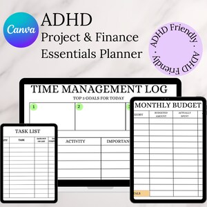 Puede incluir: Un planificador digital para gestionar el tiempo y las finanzas. El planificador incluye secciones para objetivos diarios, una lista de tareas y un presupuesto mensual. El planificador está diseñado para ser amigable con el TDAH.