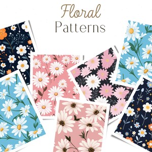 Op de afbeelding: Een set van zes bloemmotieven met witte madeliefjes op verschillende gekleurde achtergronden. De patronen zijn in collage-stijl gerangschikt met de tekst "Floral Patterns" bovenaan.