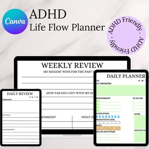 Op de afbeelding: Een digitale planner ontworpen voor mensen met ADHD. De planner bevat een sectie voor wekelijkse beoordeling, een dagelijkse planner en een sectie voor dagelijkse beoordeling. De planner is ontworpen om mensen te helpen georganiseerd en op schema te blijven.