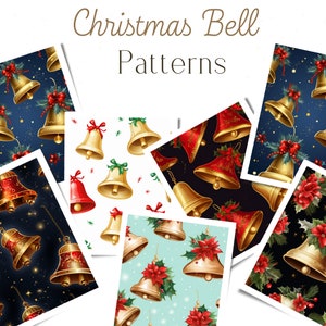 Op de afbeelding: Een set van 8 naadloze patronen met gouden kerstbelletjes met rode en groene accenten. De patronen zijn op verschillende achtergronden, waaronder blauw, wit, zwart en groen.
