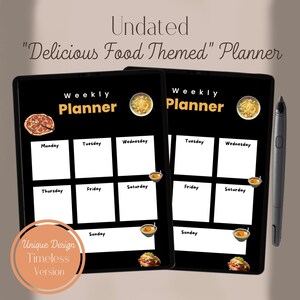 May include: A black and white digital planner with a food theme. The planner has a weekly layout with days of the week labeled. The planner has a unique design and is timeless. The planner is undated.