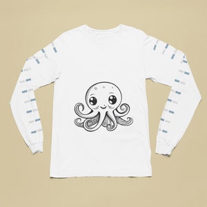 May include: White long-sleeve t-shirt with a gray and white cartoon octopus graphic on the front. The sleeves have a repeating pattern of gray and white stripes.