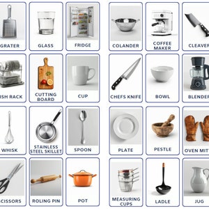 32 cartes mémo Montessori sur les articles de cuisine modernes pour enfants, activité pour tout-petits, cartes Montessori, cartes mémo numériques, cartes mémo de nomenclature