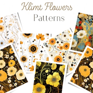 Op de afbeelding: Zes verschillende bloemmotieven geïnspireerd door het werk van Gustav Klimt. De patronen bevatten gestileerde bloemen in tinten geel, oranje en zwart op witte en zwarte achtergronden.