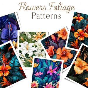 Op de afbeelding: Een verzameling van zes bloemmotieven met tropische bloemen en bladeren in verschillende kleuren, waaronder blauw, wit, oranje, roze en groen. De patronen zijn in collage-stijl gerangschikt, waarbij elk patroon de andere overlapt.