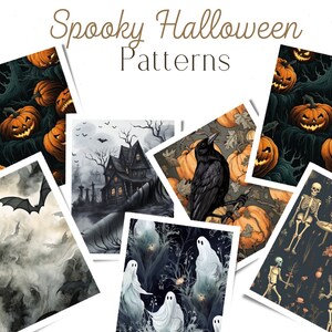 Op de afbeelding: Een verzameling van zes griezelige Halloween-patronen met een spookhuis, vleermuizen, raven, pompoenen, geesten en skeletten. Deze patronen zijn perfect voor het maken van unieke en feestelijke Halloween-decoraties.