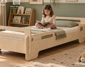 May include: A light-colored wooden toddler bed frame with horizontal cutouts on the headboard and footboard. The frame features a low-profile design with side rails. Text on the image includes CNC FILES, DIGITAL DOWNLOAD, and Wood Decoded.