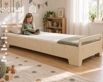 May include: A light-colored wooden bed frame with a low-profile design, featuring a headboard and footboard with rectangular cutouts. The digital download includes CNC files in DXF, SVG, STP, and IGS formats, labeled as Wood Decoded.
