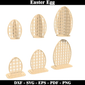 May include: Set of six laser cut wooden Easter egg shapes. The eggs are all different sizes and have a lattice design. The eggs are perfect for decorating or crafting.
