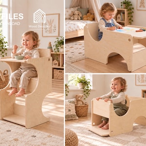 May include: A light-colored wooden convertible furniture piece that functions as a high chair, a desk with a seat, and a floor-level bench. The structure features smooth panels, a flat tabletop surface, and integrated steps for climbing.