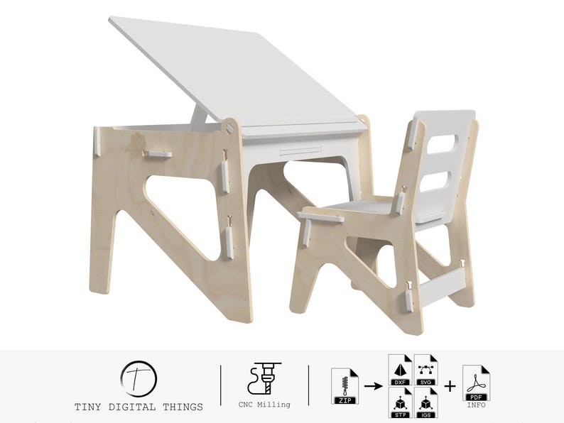 May include: White wooden desk and chair set with a tilting top. The desk has a cutout design and the chair has a slatted back. The set is designed for children and is suitable for drawing, writing, and other activities. The image includes the text "TINY DIGITAL THINGS" and "CNC Milling".