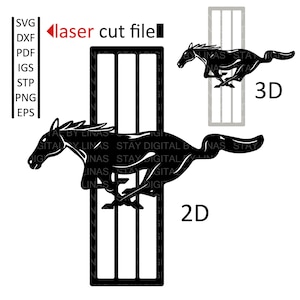 2 in 1 - Ford Mustang Logo 2D and 3D - digital files for Laser Cutting - igs, stl, stp, dxf, svg, pdf, png, eps.