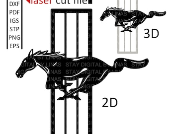 2 in 1 - Ford Mustang Logo 2D and 3D - digital files for Laser Cutting - igs, stl, stp, dxf, svg, pdf, png, eps.