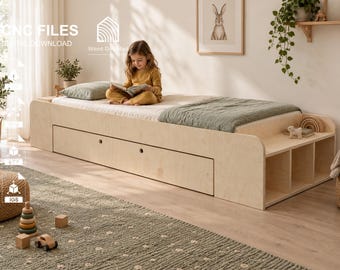 May include: A light-colored wooden bed frame featuring a large under-bed storage drawer and integrated open shelving at the foot. The bed includes a mattress, a pillow, and a green blanket. Text on the image reads CNC FILES DIGITAL DOWNLOAD.
