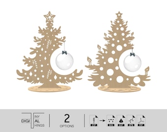 May include: Two digital cut files of Christmas tree ornaments. The first tree is decorated with stars, snowflakes, and candy canes. The second tree is decorated with polka dots. Both trees have a crescent moon shape for a hanging ornament. The files are available in ZIP, SVG, DXF, EPS, and PDF formats.