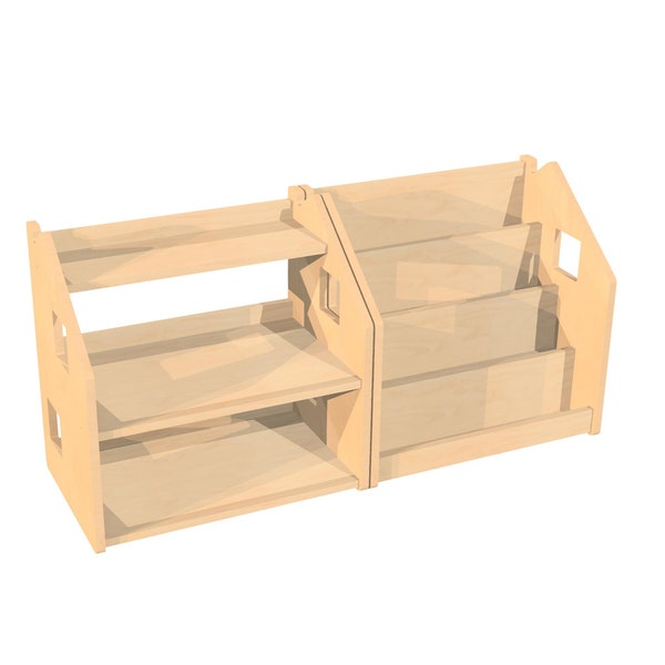 Étagère à livres 2 en 1 et type maison de rangement de jouets - fichiers numériques pour découpe CNC - contreplaqué / bois - igs, stl, stp, dxf