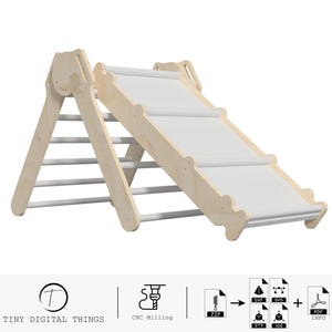 May include: Wooden climbing triangle with a slide attached. The triangle has five rungs and the slide has a white fabric surface. The set is made for children to play on.