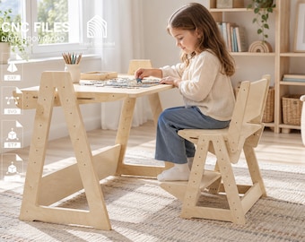 Verstelbare tafel en stoel voor kinderen | Opklapbare schildersezel | Verstelbare tafel | Peutertafel | Montessori tafel en stoel digitale bestanden dxf svg