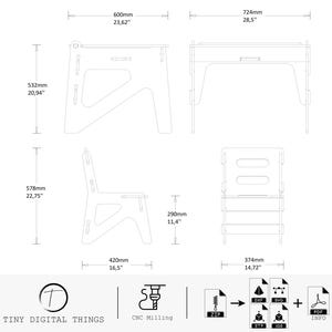 May include: Line drawing of a children's desk and chair set with dimensions in inches. The desk and chair are made of plywood and have a modern, minimalist design. The drawing includes instructions for building the set using CNC milling.