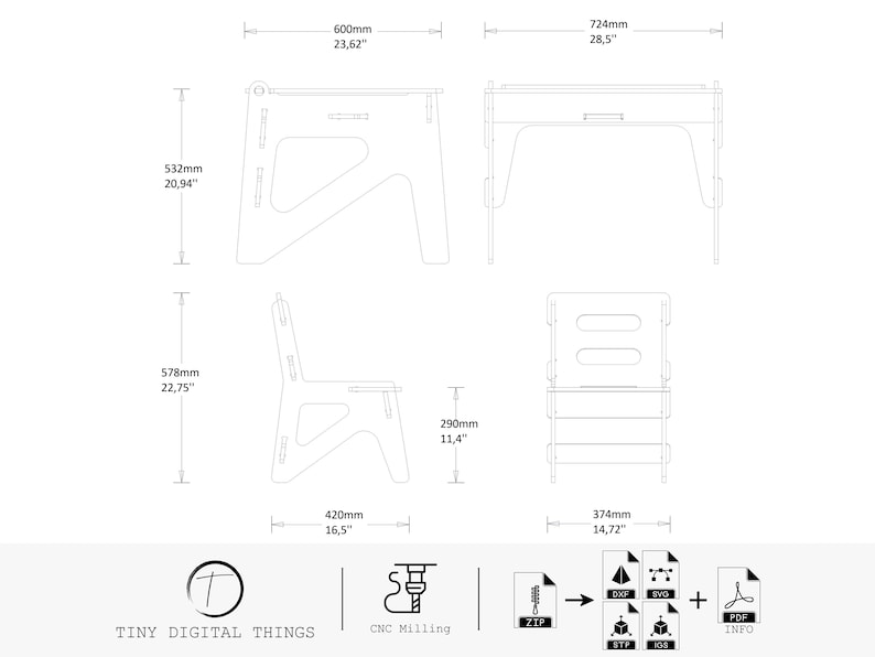 May include: Line drawing of a children's desk and chair set with dimensions in inches. The desk and chair are made of plywood and have a modern, minimalist design. The drawing includes instructions for building the set using CNC milling.