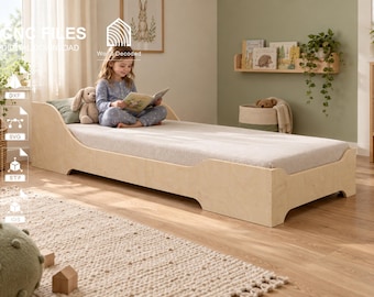 May include: A light-colored wooden toddler bed frame with a low-profile design and curved side panels. The bed features a flat base and smooth edges, presented as a digital download product with CNC file format icons including DXF, SVG, STP, and IGS.