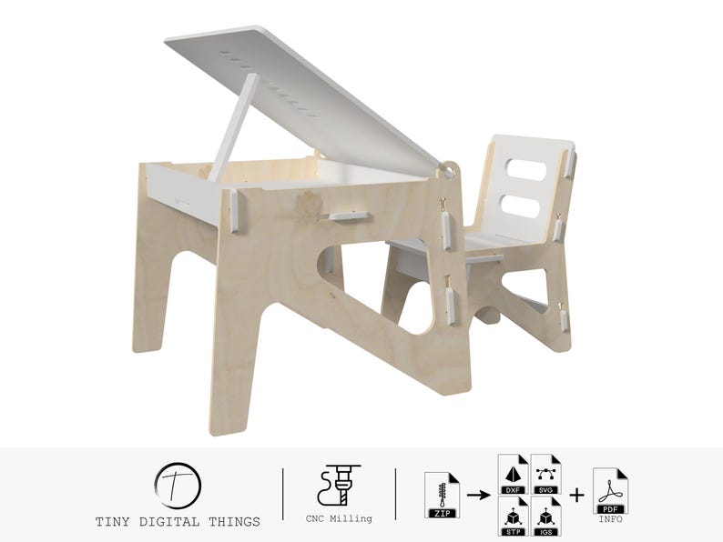 May include: A white and natural wood children's desk and chair set with a lift-up top. The desk has a storage compartment underneath. The chair has a simple design with a back and seat.